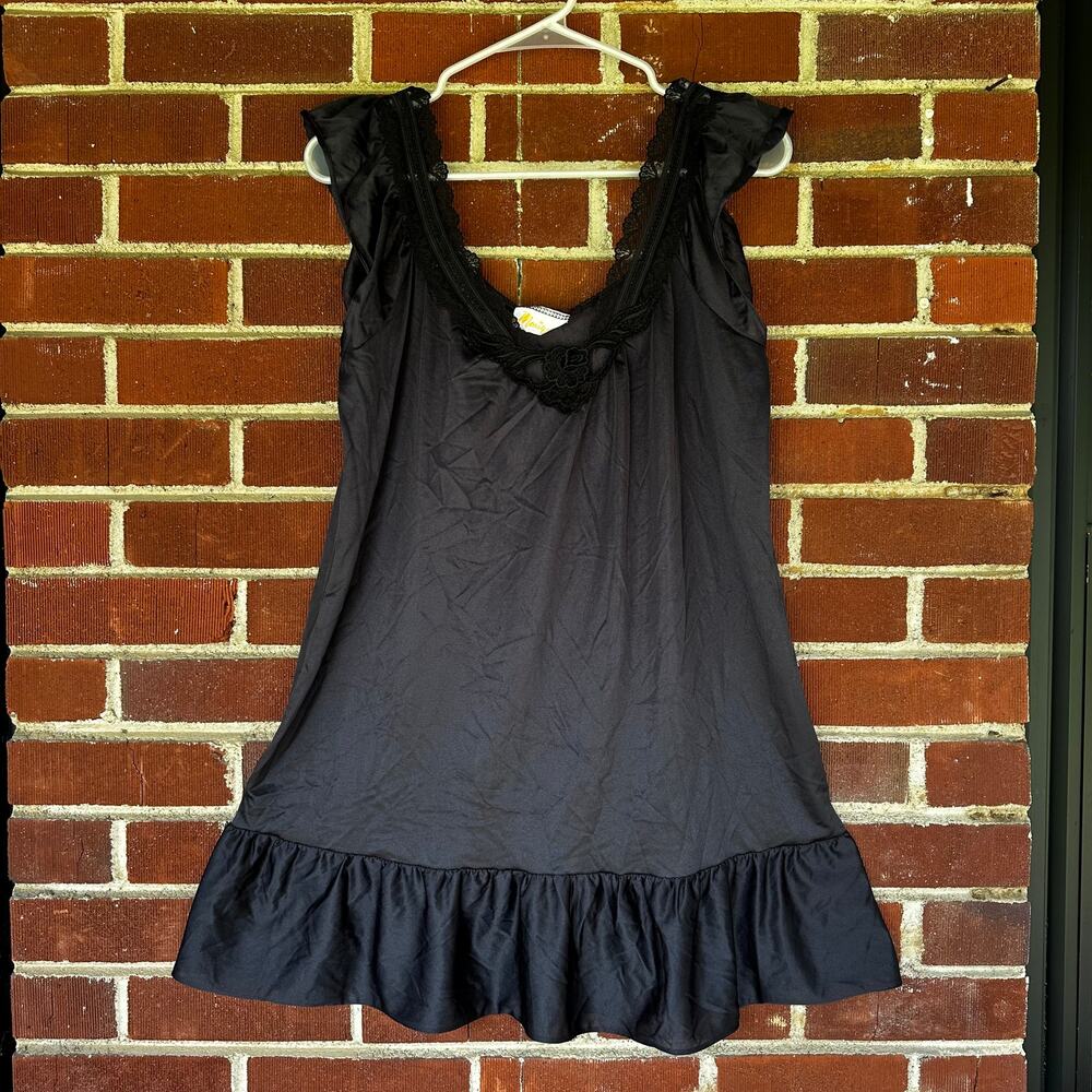 Vintage Monique Black Nylon Lace Ruffle Nightgown Slip Dress USA M